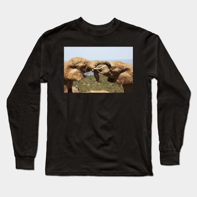 African Wildlife Photography Elephant Tussle Long Sleeve T-Shirt by PathblazerStudios